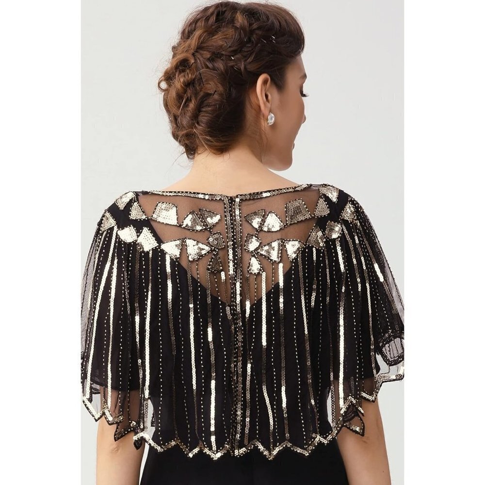 Women Sequin  Beaded Evening flapper Cape 1920s Shawl Wraps (Gold) - Picture 4 of 6